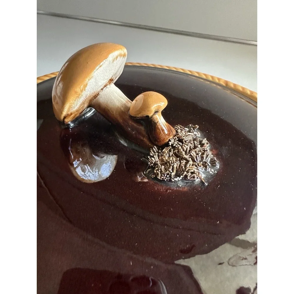 Tellurite Belgium Majolica Lidded Casserole Dish Mushrooms 1930's Vintage Brown